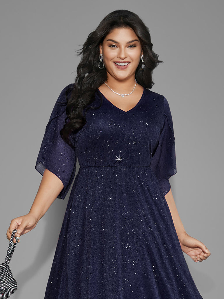 Glitter Mesh Petal Sleeve Midi Dress