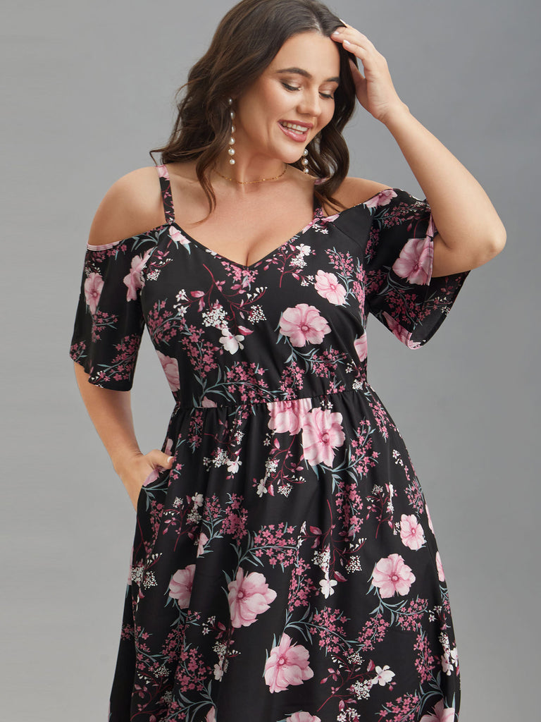 Floral Print Cold Shoulder Pockets Midi Dress