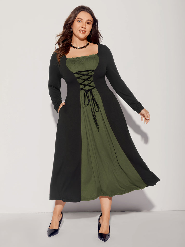 Stretchy Knit Adjustable Tie Frill Trim Midi Dress