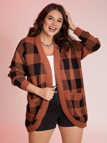 Supersoft Check Pattern Curvy Hem Pockets Cardigan – BloomChic-UK