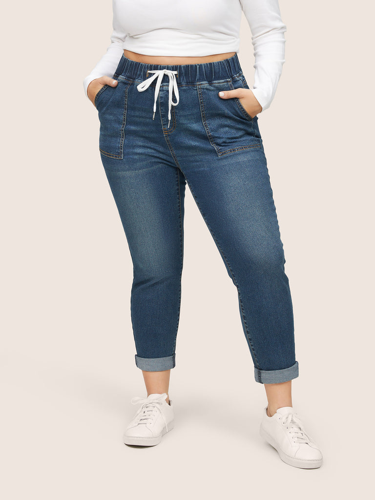 Pull On Drawstring Folded Hem Boyfriend Jeans