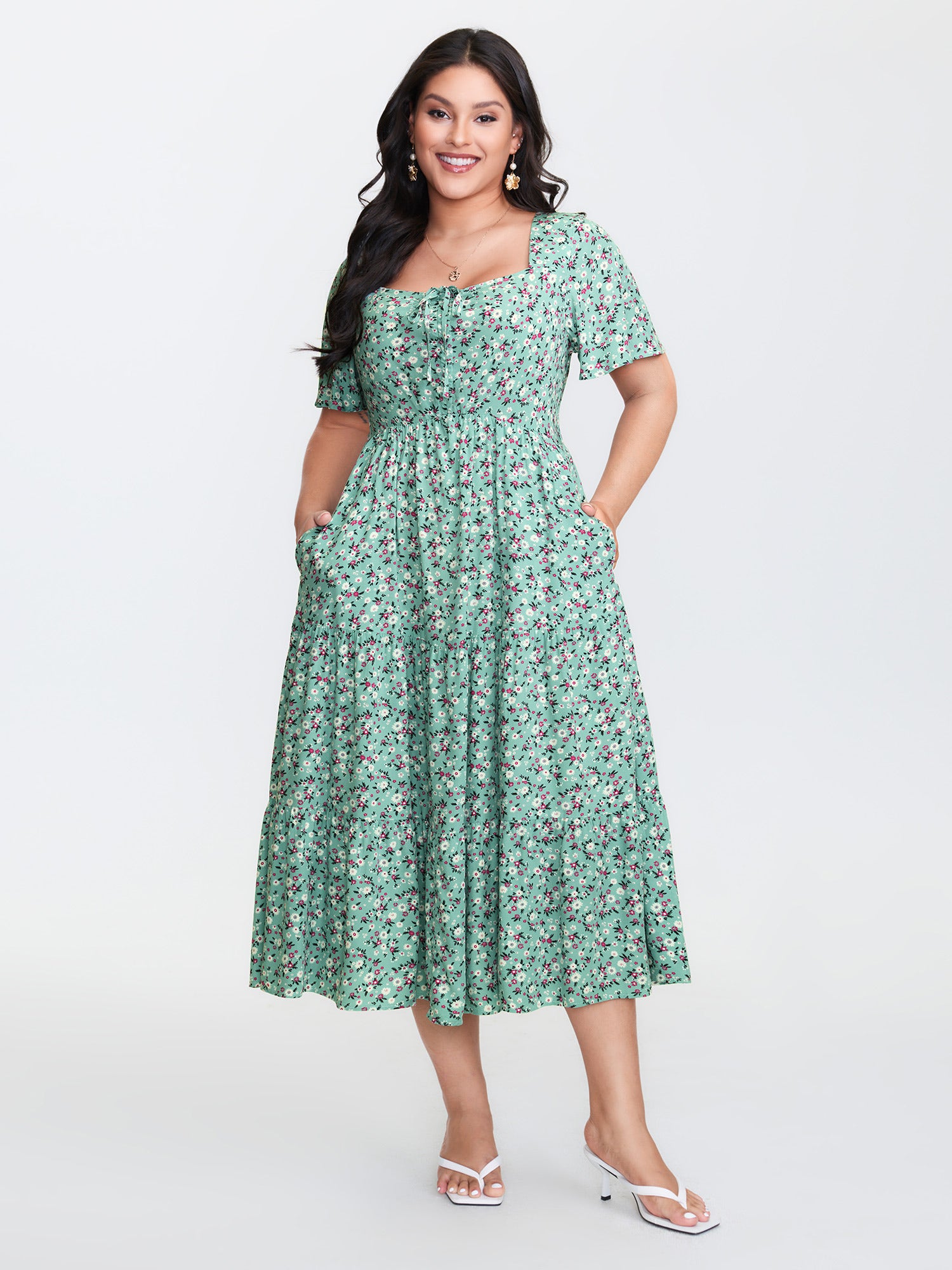 ditsy floral drawstring ruched pocket ruffle tiered dress Ditsy Floral Sweetheart Drawstring Pocket Tiered Dress – BloomChic-UK