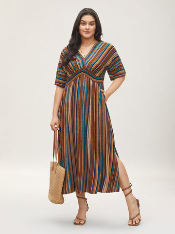 Striped Contrast Dolman Sleeve Shirred Pocket Split Flutter Dress – BloomChic-UK