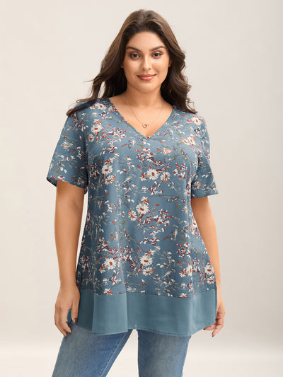 VISLILY Plus Size Floral Print Blouse - Women's Pleated Ruffle Tunic Top In Size 14W