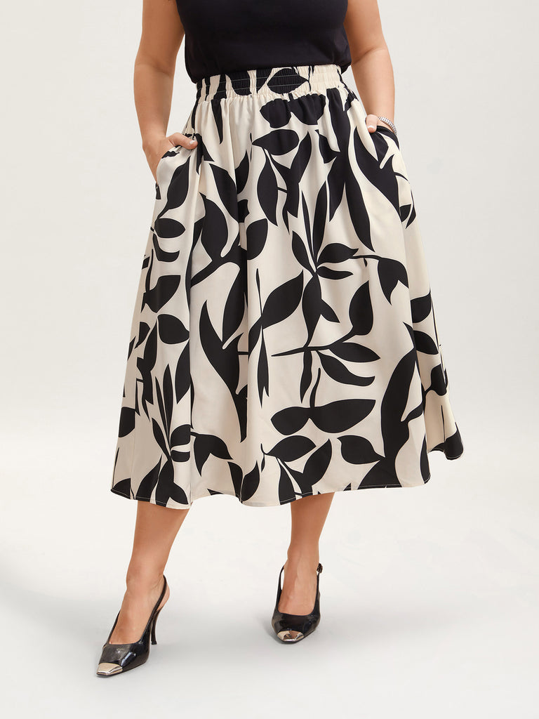 Leaf Print Stretchy Waist Midi Skirt