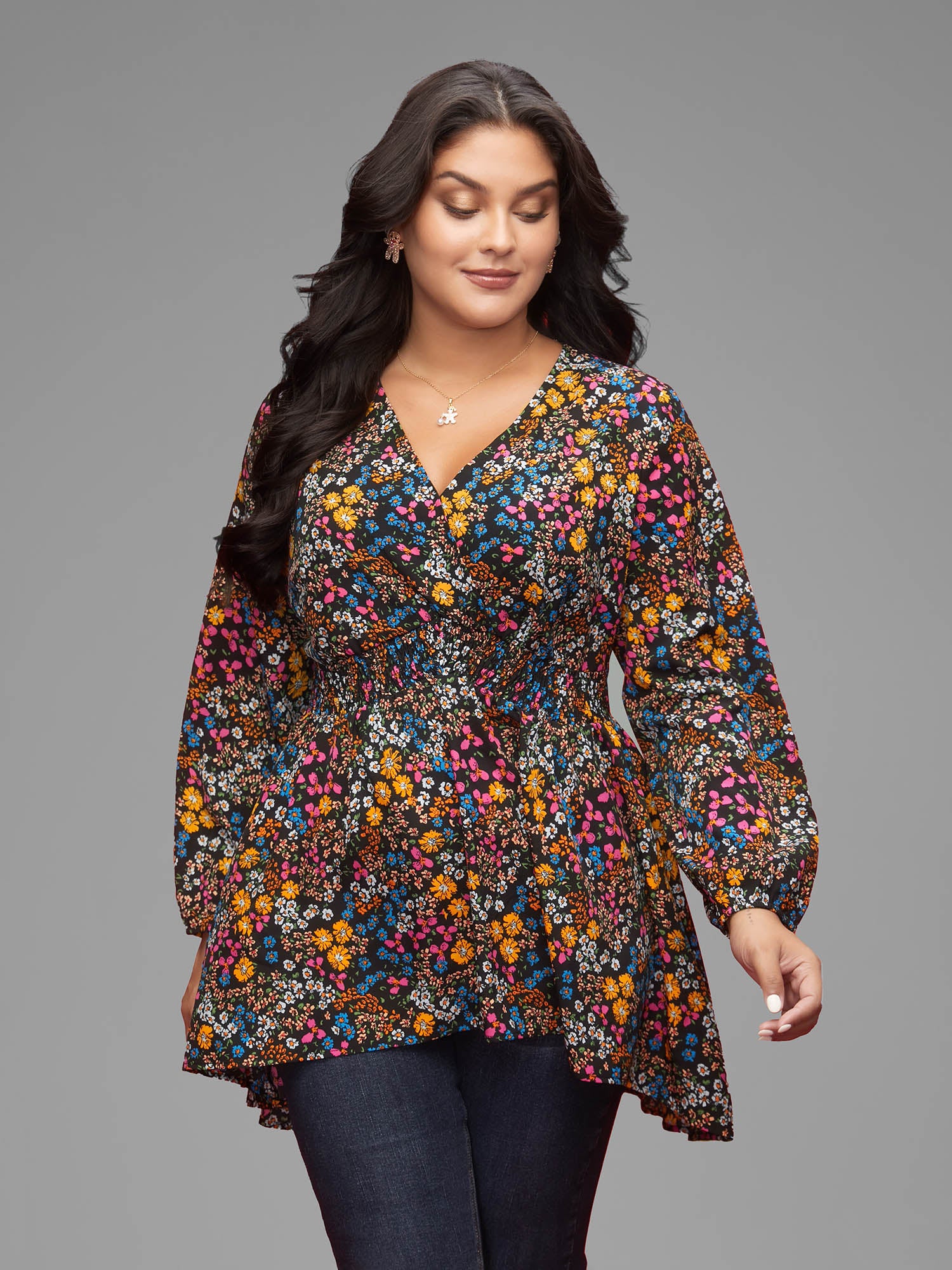 Floral Smocked Waistline Surplice Neck Blouse – BloomChic-UK