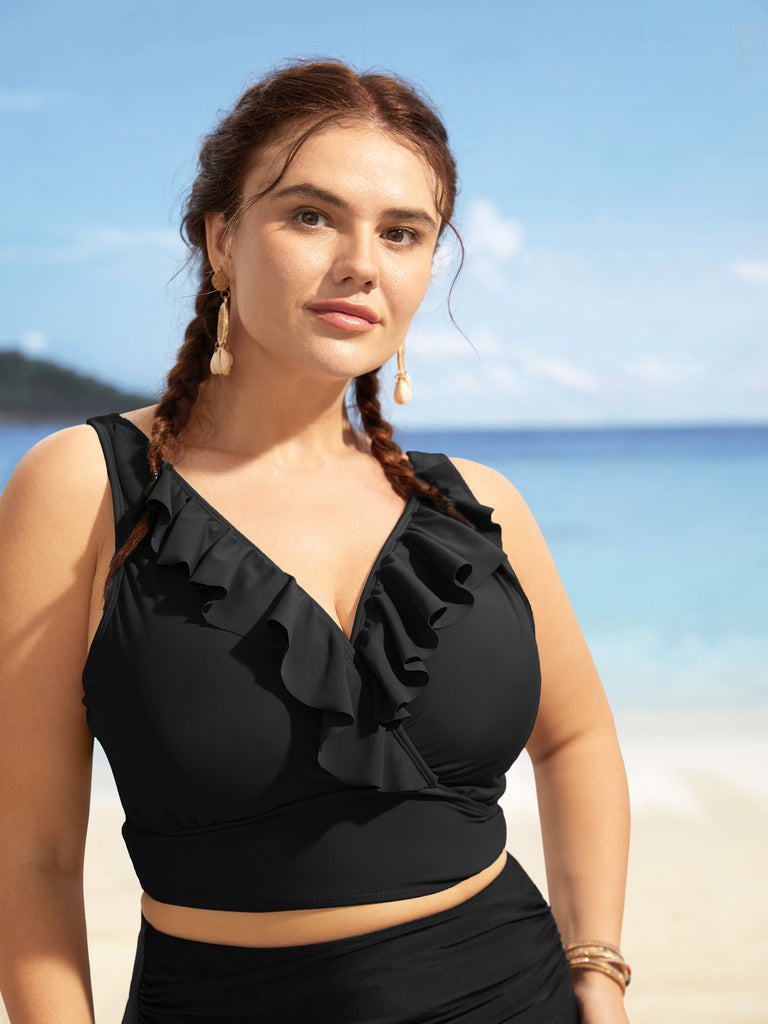 Solid Ruffle Surplice Neck Trim Swim Top
