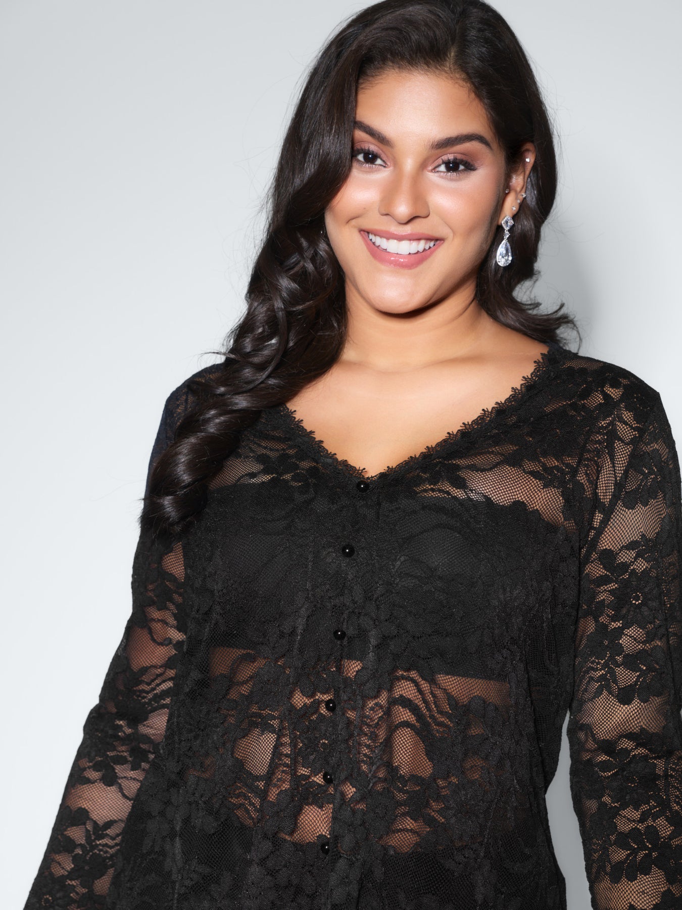 Beige Plaid Lace Trim V-Neck Top main image 1