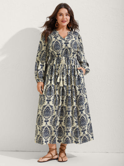 Plus Size Boho Midi Dress - V-Neck Long Sleeve Tunic Dress With Pockets, Elastic Waist For Women