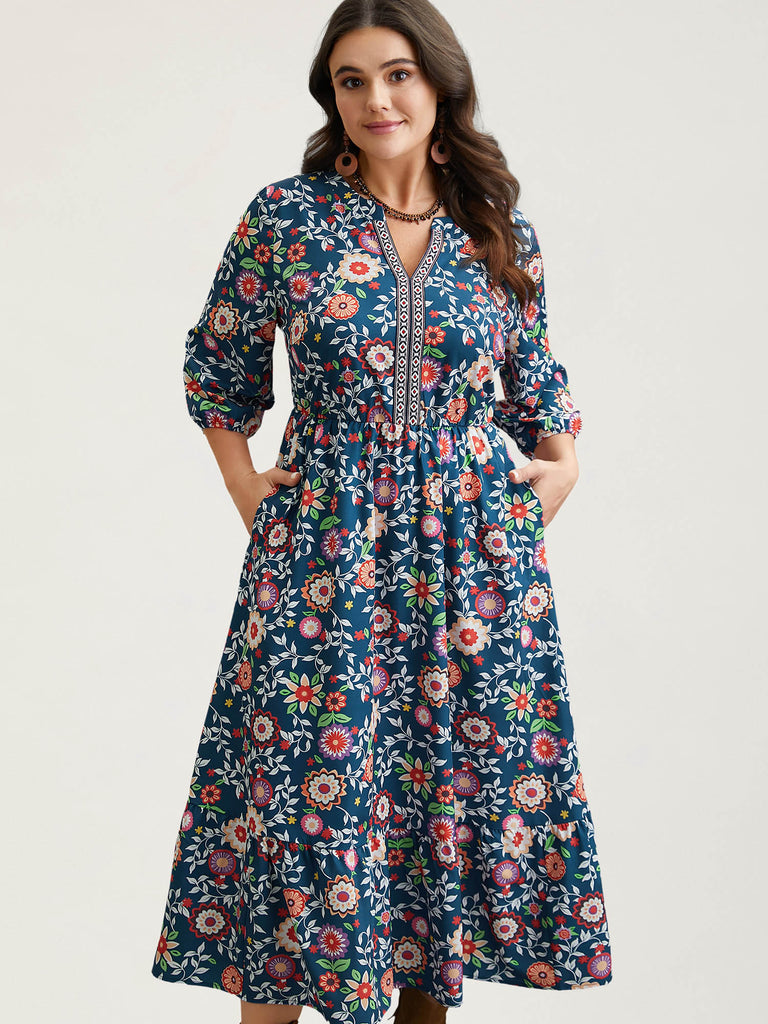 Floral Print Stretchy Waist Pockets Midi Dress