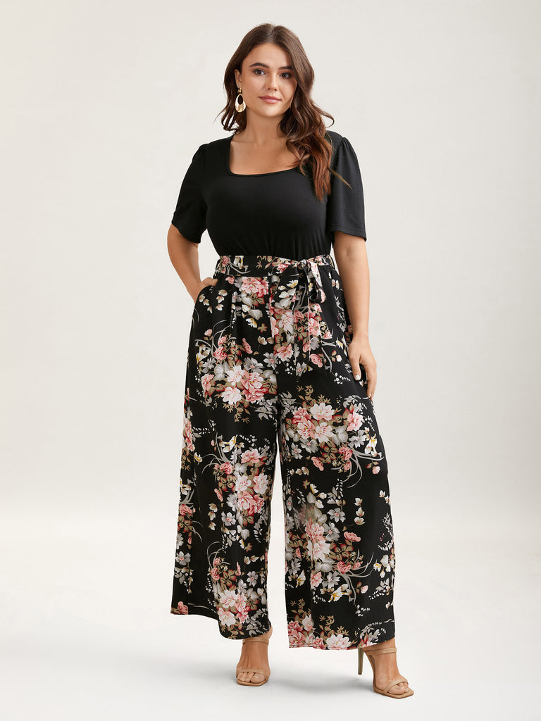 Contrast Belted Panel Pockets Jumpsuit
