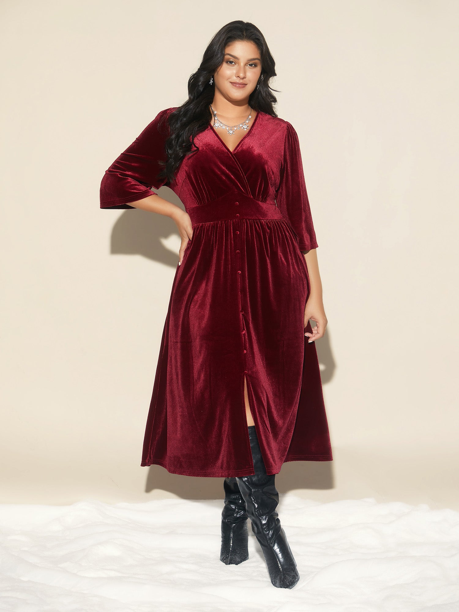 Velvet Ruched Surplice Neckline Midi Dress BloomChic-UK Velvet Ruched Surplice Neckline Midi Dress BloomChic-UK