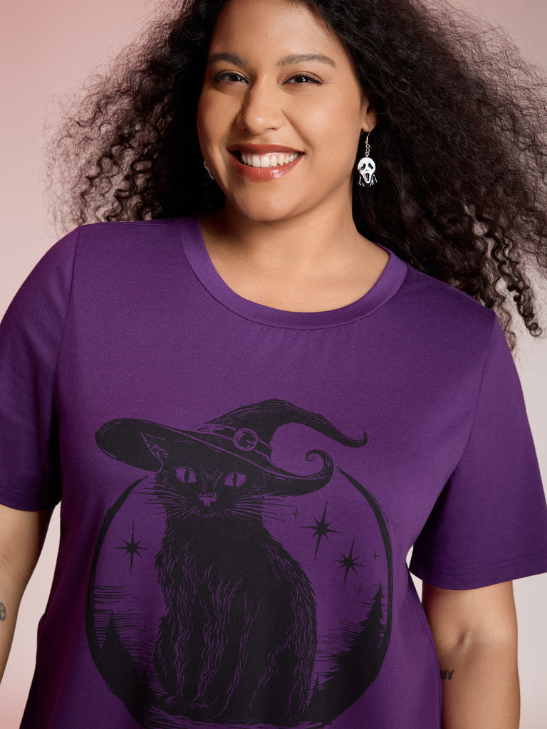 Bewitched Cat Printed Crew Neck T shirt